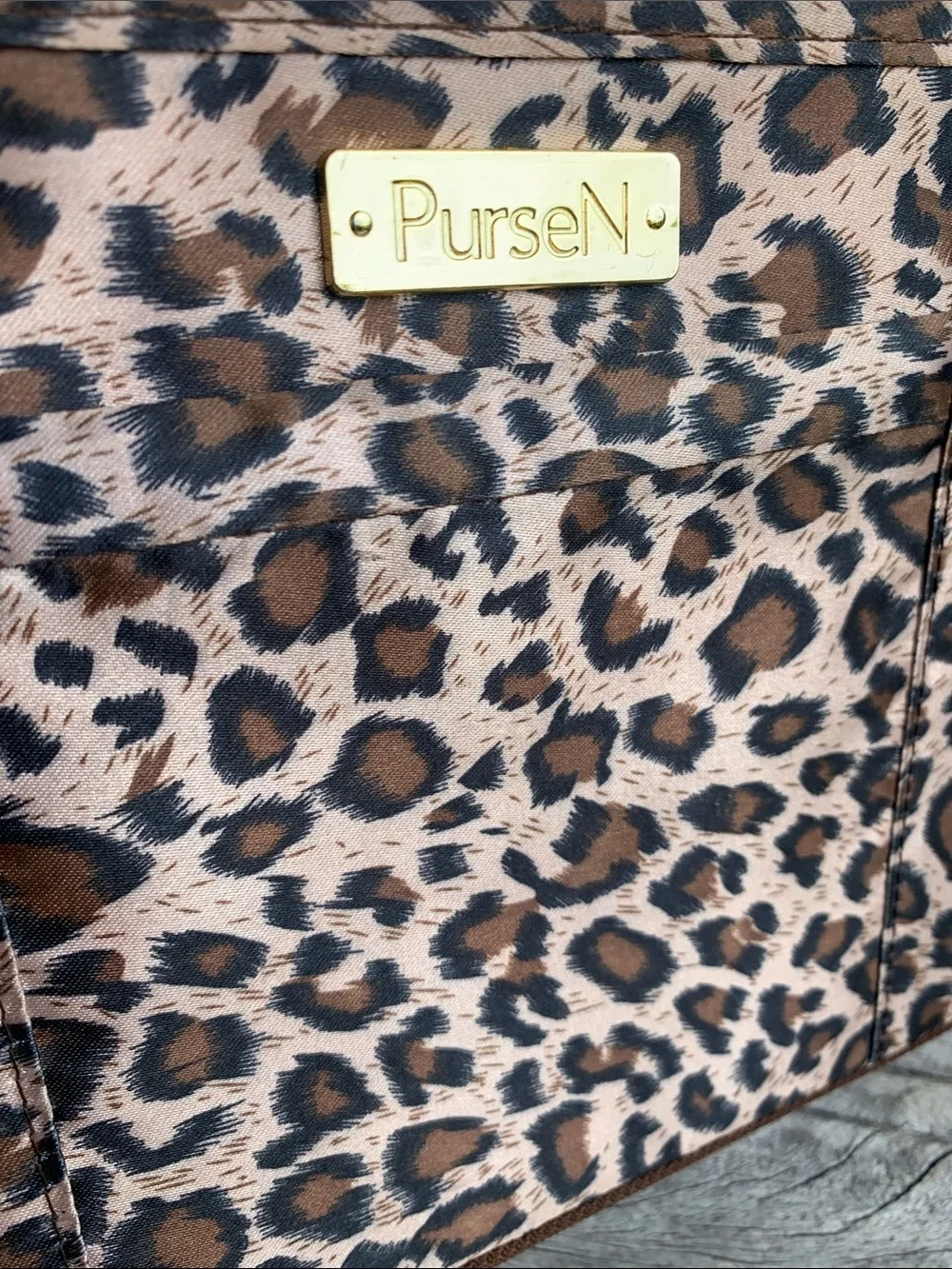 PurseN Leopard Print Cosmetic Organizer in Brown and Black with Gold Accents